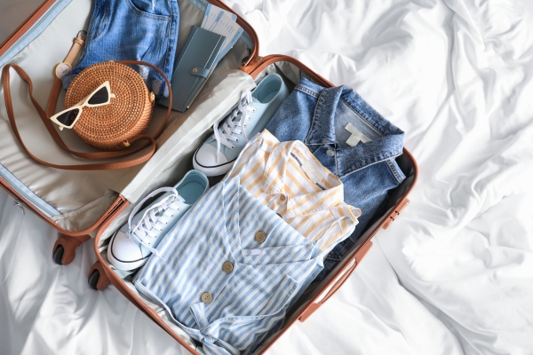 suitcase with clothes and travel accessories inside